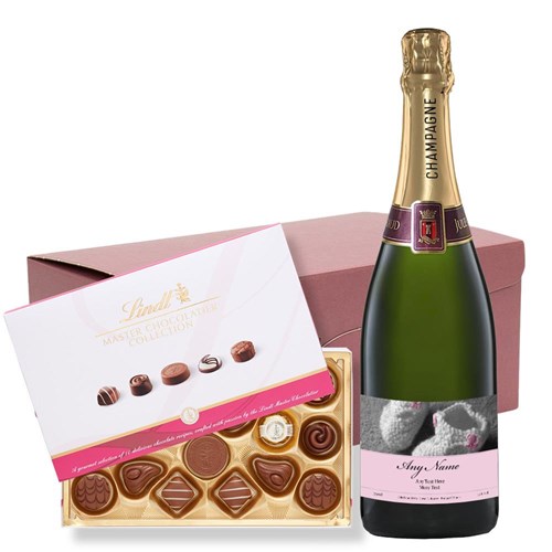 Personalised Champagne - Baby Girl Label and Lindt Master Chocolatier Hamper – Premium Gift
